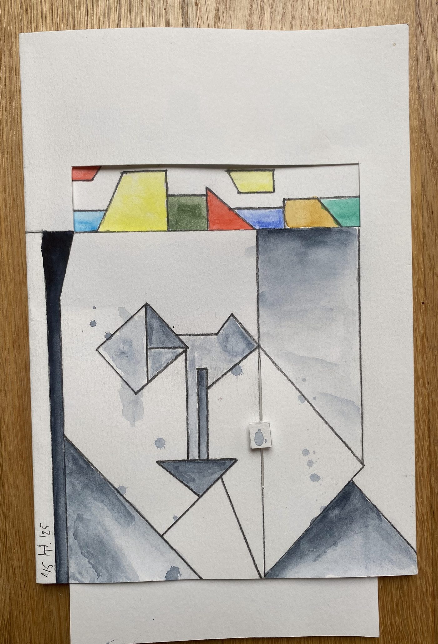 Einfall, frame 3: the grey grid sinks out of view; the coloured shapes fill the opening.